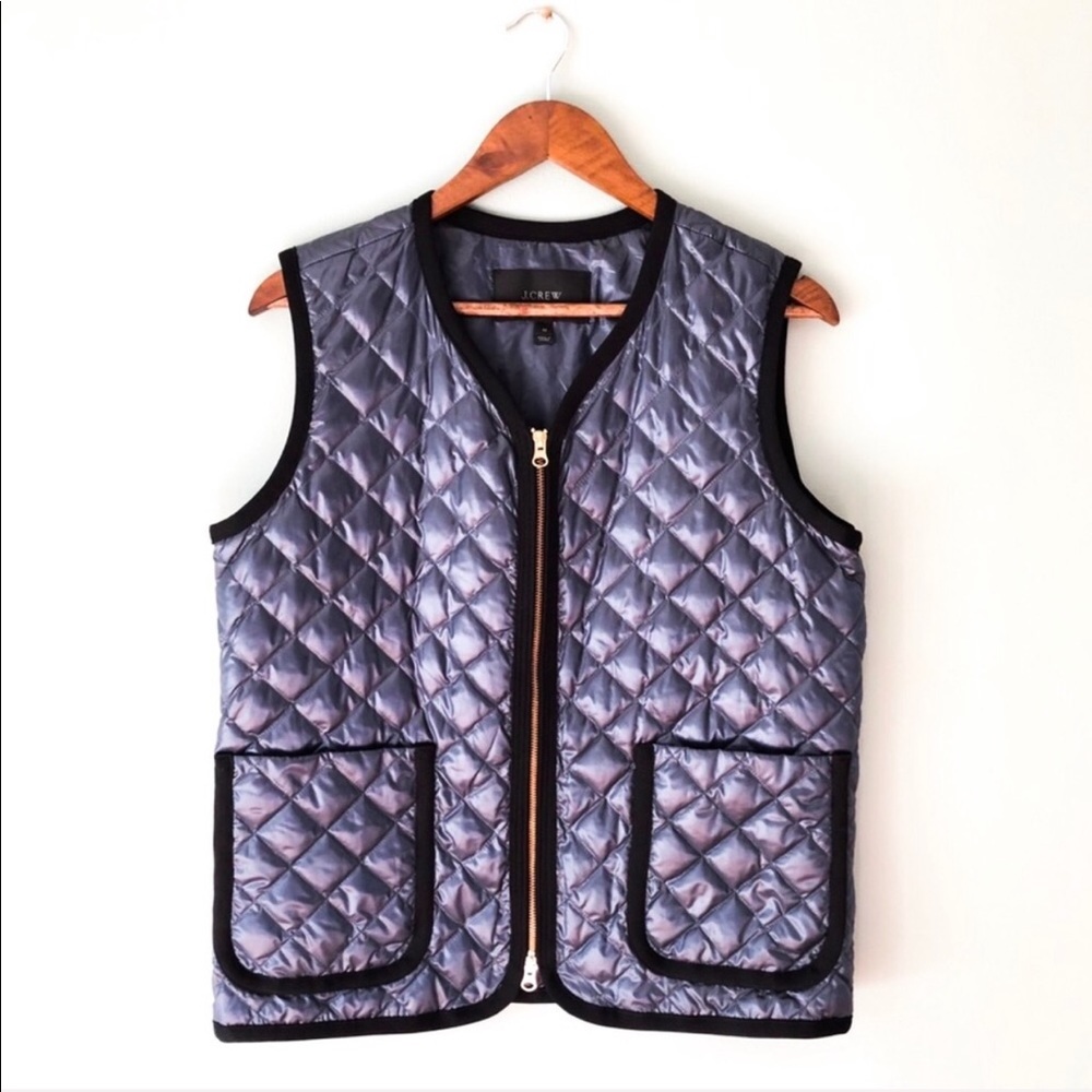 J.Crew Metallic Silver Quilted Zipper Vest Medium